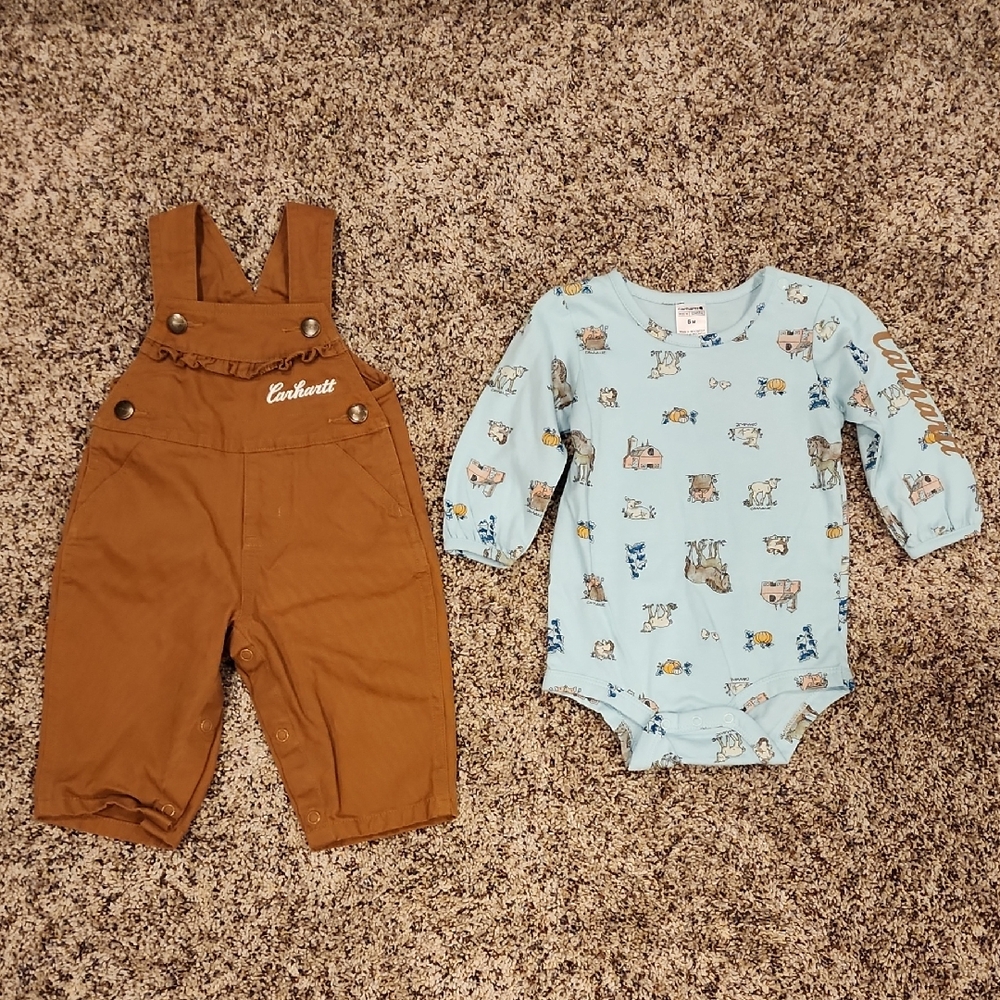 Carhartt Tan Overalls and Blue Animal Onesie Set